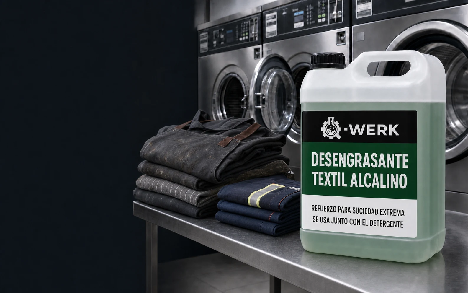 Desengrasante textil alcalino Q-WERK de color verde para cargas con suciedad extrema