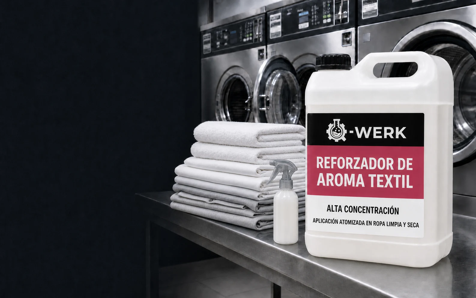 Reforzador de aroma textil Q-WERK de líquido blanco lechoso con aplicación atomizada sobre ropa limpia y seca